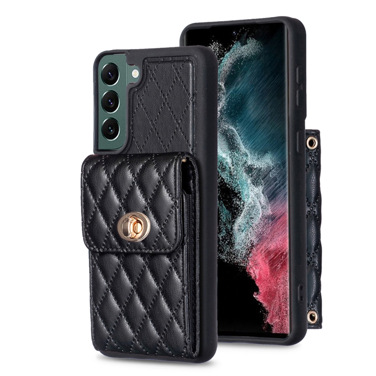 

For Samsung Galaxy S22+ 5G Vertical Metal Buckle Wallet Rhombic Leather Phone Case(Black)