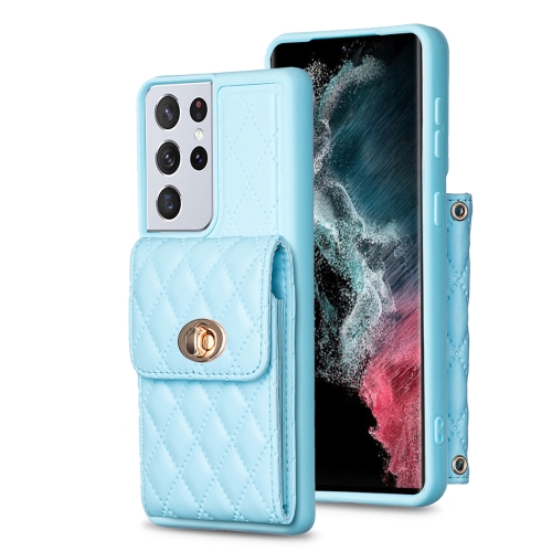 

For Samsung Galaxy S21 Ultra 5G Vertical Metal Buckle Wallet Rhombic Leather Phone Case(Blue)