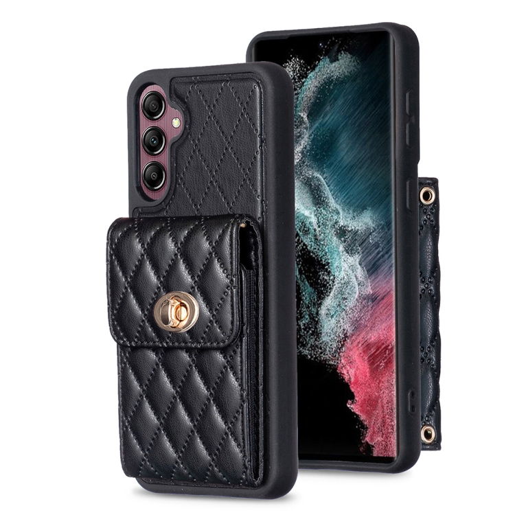 

For Samsung Galaxy A14 4G / 5G Vertical Metal Buckle Wallet Rhombic Leather Phone Case(Black)