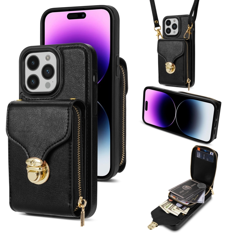 

For iPhone 14 Pro Zipper Hardware Card Wallet Phone Case(Black)