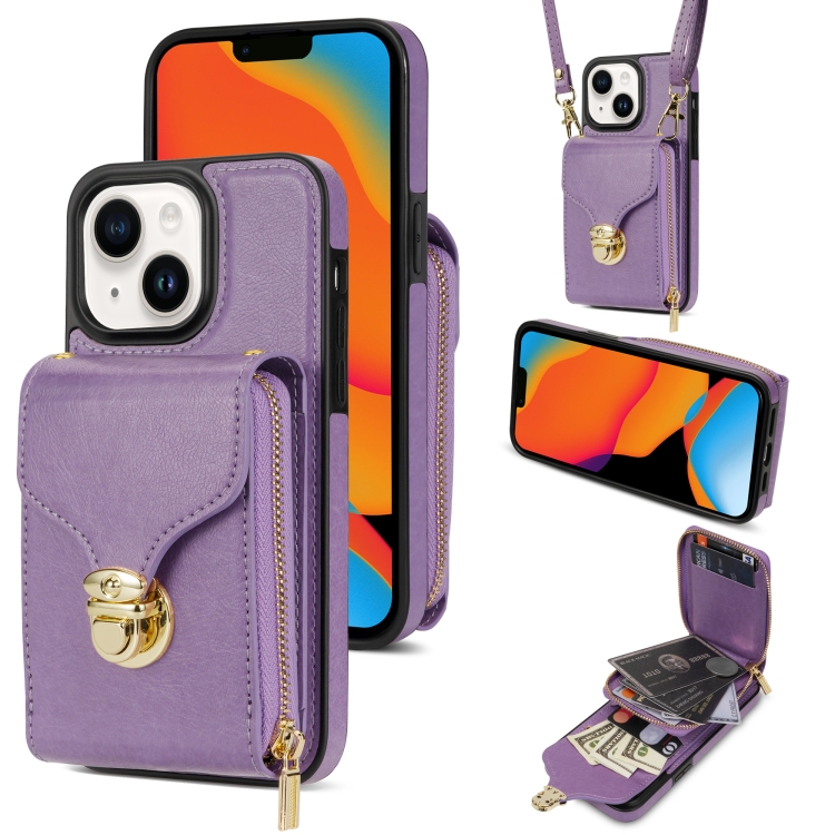 

For iPhone 14 / 13 Zipper Hardware Card Wallet Phone Case(Purple)