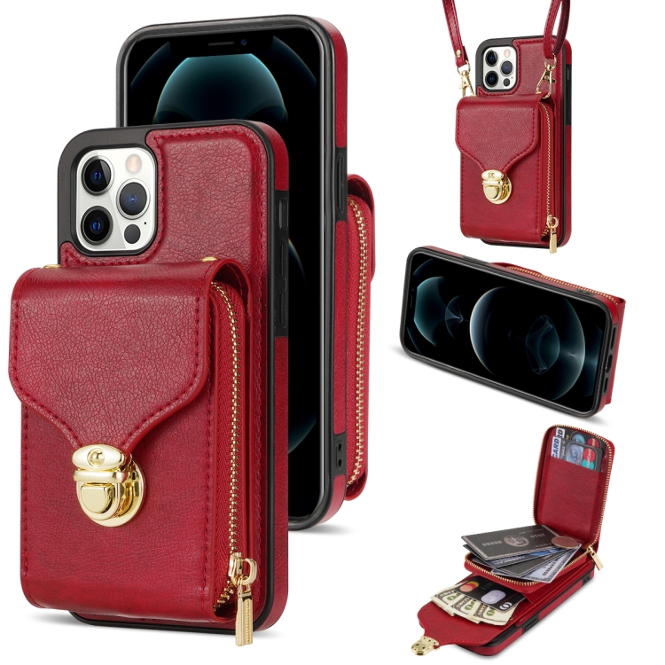 

For iPhone 12 / 12 Pro Zipper Hardware Card Wallet Phone Case(Red)