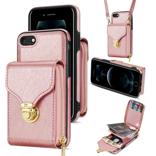 

For iPhone SE 2022 / SE 2020 / 8 / 7 Zipper Hardware Card Wallet Phone Case(Rose Gold)