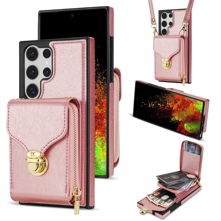 

For Samsung Galaxy S22 Ultra 5G Zipper Hardware Card Wallet Phone Case(Rose Gold)