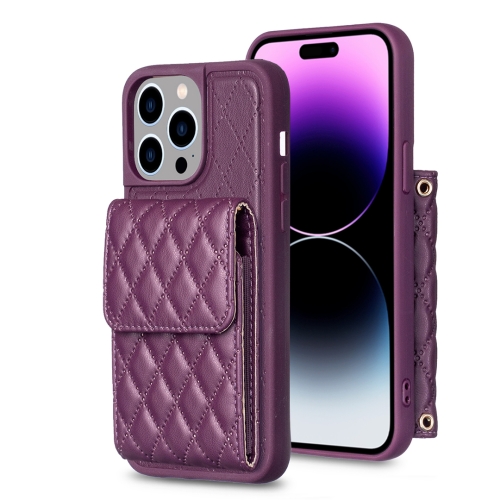 

For iPhone 14 Pro Vertical Wallet Rhombic Leather Phone Case(Dark Purple)