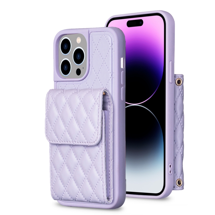 

For iPhone 14 Pro Max Vertical Wallet Rhombic Leather Phone Case(Purple)