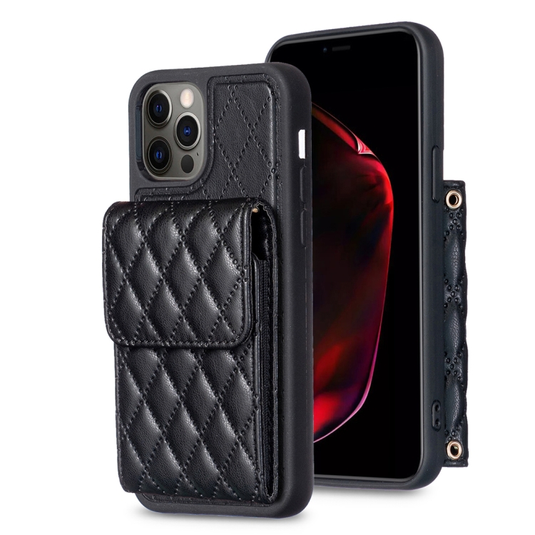

For iPhone 12 / 12 Pro Vertical Wallet Rhombic Leather Phone Case(Black)