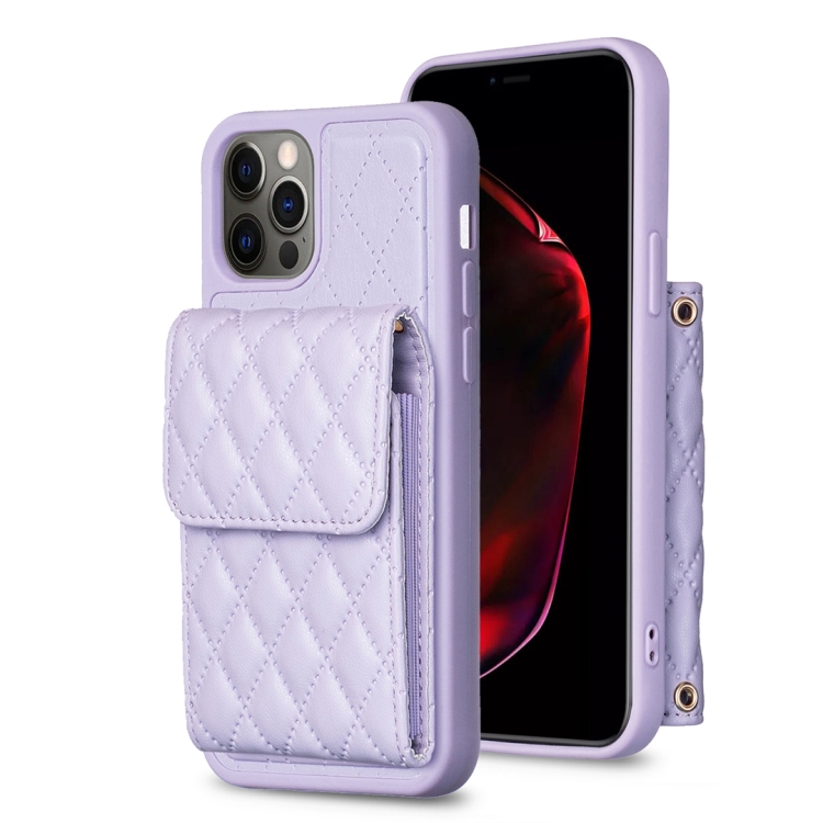 

For iPhone 12 Pro Max Vertical Wallet Rhombic Leather Phone Case(Purple)