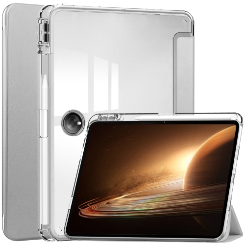 

For OPPO Pad 2 3-Fold Clear Back Cover Leather Smart Tablet Case(Silver)