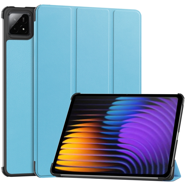 

For Xiaomi Pad 7 / 7 Pro Custer Texture 3-Fold Holder Leather Smart Tablet Case(Sky Blue)