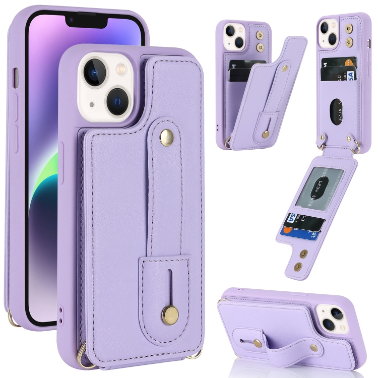 

For iPhone 14 Wristband Vertical Flip Wallet Back Cover Phone Case(Purple)