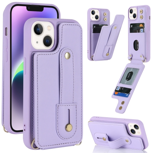 

For iPhone 14 Plus Wristband Vertical Flip Wallet Back Cover Phone Case(Purple)