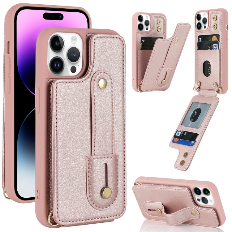 

For iPhone 14 Pro Max Wristband Vertical Flip Wallet Back Cover Phone Case(Rose Gold)