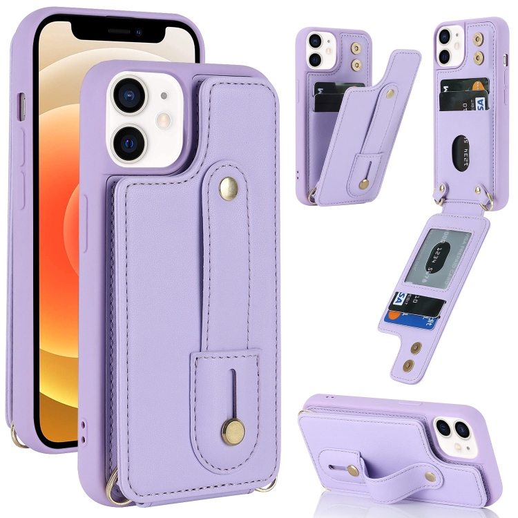 

For iPhone 12 / 12 Pro Wristband Vertical Flip Wallet Back Cover Phone Case(Purple)