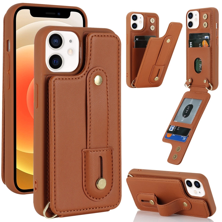 

For iPhone 12 / 12 Pro Wristband Vertical Flip Wallet Back Cover Phone Case(Brown)