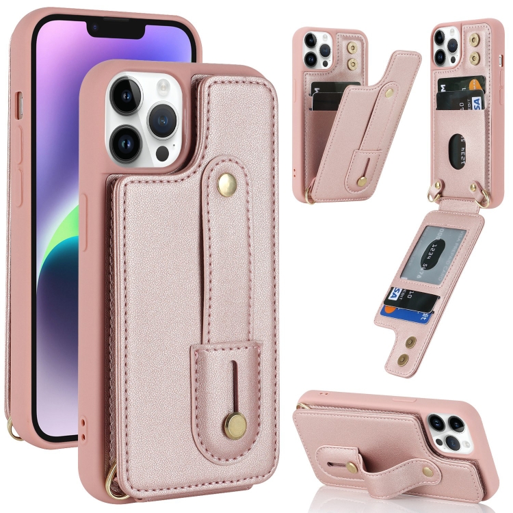 

For iPhone 12 Pro Max Wristband Vertical Flip Wallet Back Cover Phone Case(Rose Gold)