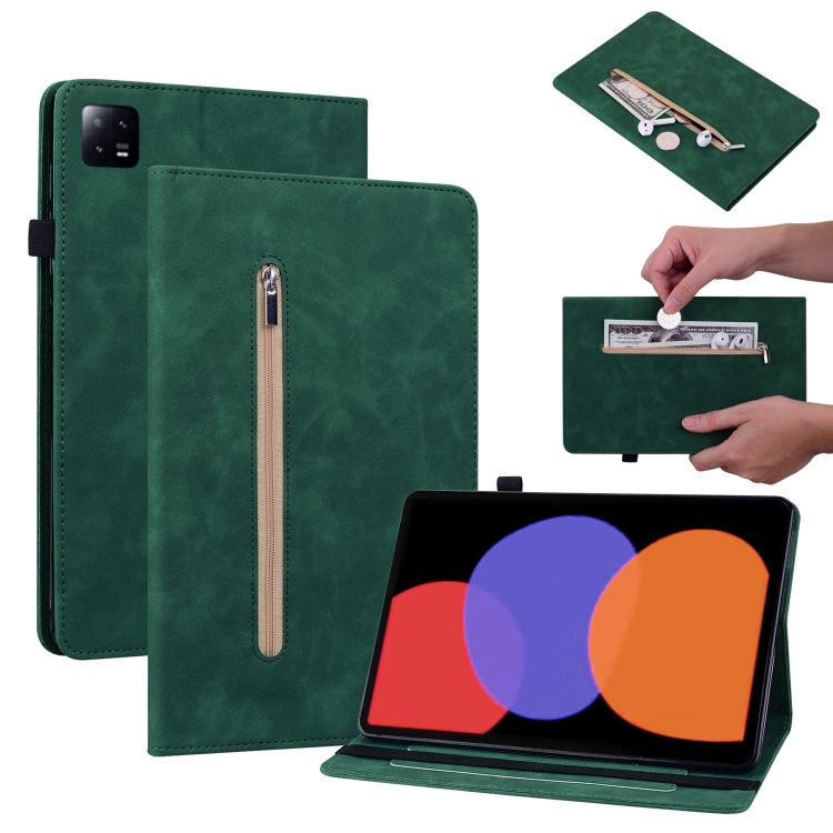 

For Xiaomi Pad 6 / Pad 6 Pro Skin Feel Solid Color Zipper Leather Tablet Case(Green)