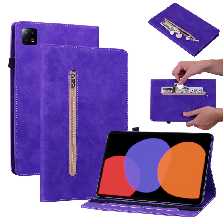 

For Xiaomi Pad 6 / Pad 6 Pro Skin Feel Solid Color Zipper Leather Tablet Case(Purple)