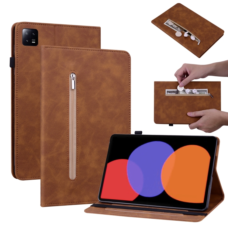 

For Xiaomi Pad 6 / Pad 6 Pro Skin Feel Solid Color Zipper Leather Tablet Case(Brown)