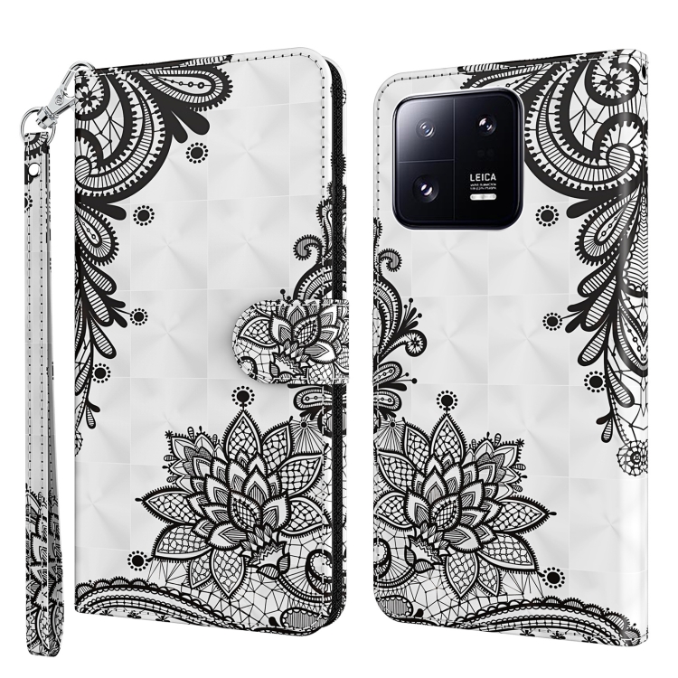 

For Xiaomi 13 Pro 3D Painting Pattern Flip Leather Phone Case(Diagonal Black Flower)
