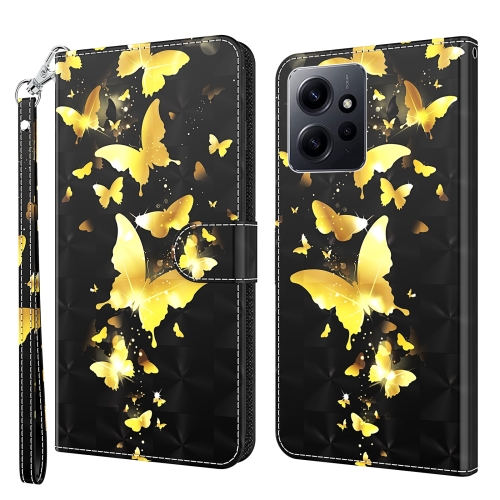 

For Xiaomi Redmi Note 12 4G Global 3D Painting Pattern Flip Leather Phone Case(Gold Butterfly)