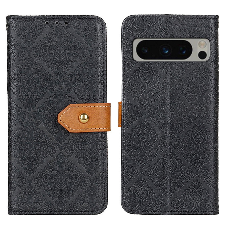 

For Google Pixel 8 Pro European Floral Embossed Copper Buckle Leather Phone Case(Black)
