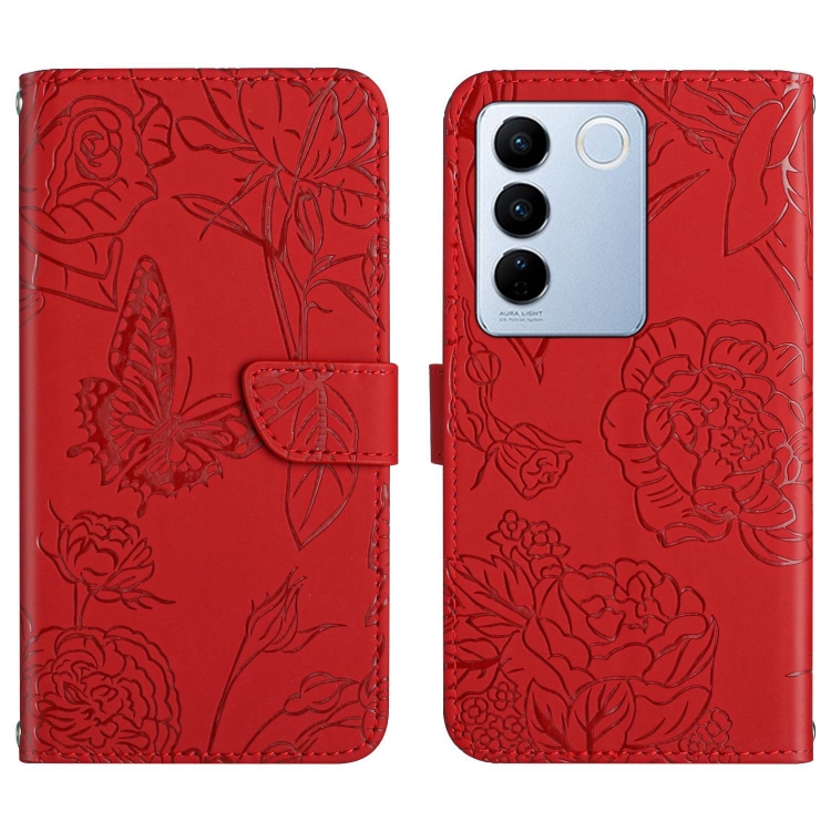 

For vivo V27 HT03 Skin Feel Butterfly Embossed Flip Leather Phone Case(Red)