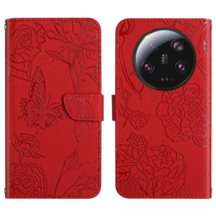 

For Xiaomi 13 Ultra HT03 Skin Feel Butterfly Embossed Flip Leather Phone Case(Red)