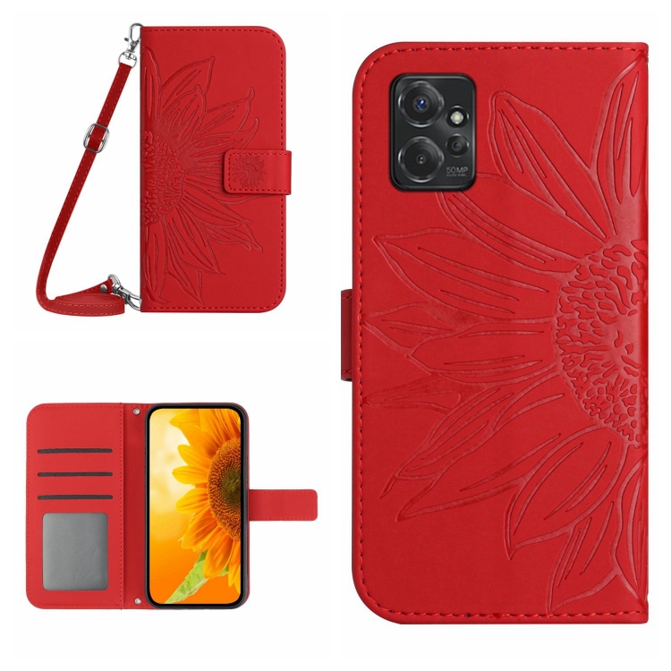 

For Motorola Moto G Power 2023 HT04 Skin Feel Sun Flower Embossed Flip Leather Phone Case with Lanyard(Red)