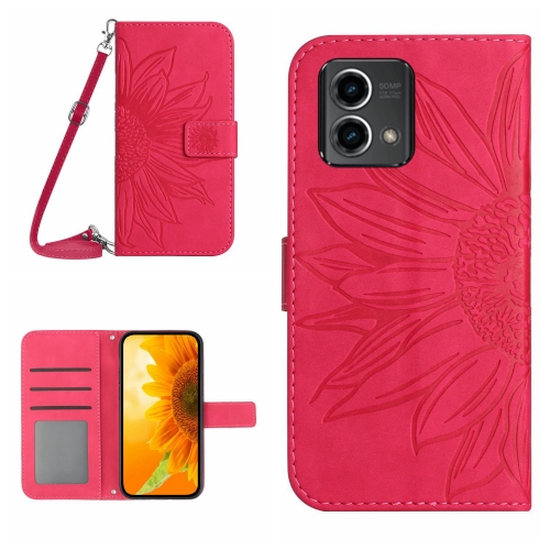 

For Motorola Moto G Stylus 5G 2023 HT04 Skin Feel Sun Flower Embossed Flip Leather Phone Case with Lanyard(Rose Red)