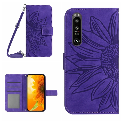 

For Sony Xperia 1 V HT04 Skin Feel Sun Flower Embossed Flip Leather Phone Case with Lanyard(Dark Purple)