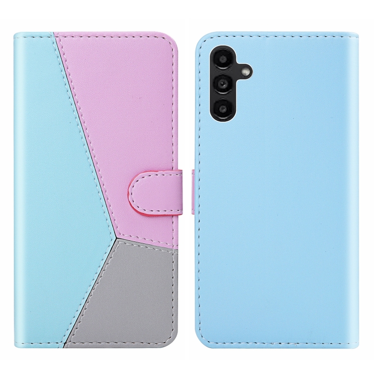 

For Samsung Galaxy A34 5G Tricolor Stitching Flip Leather Phone Case(Blue)