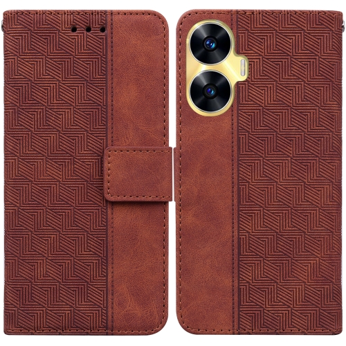 

For Realme C55 Geometric Embossed Leather Phone Case(Brown)