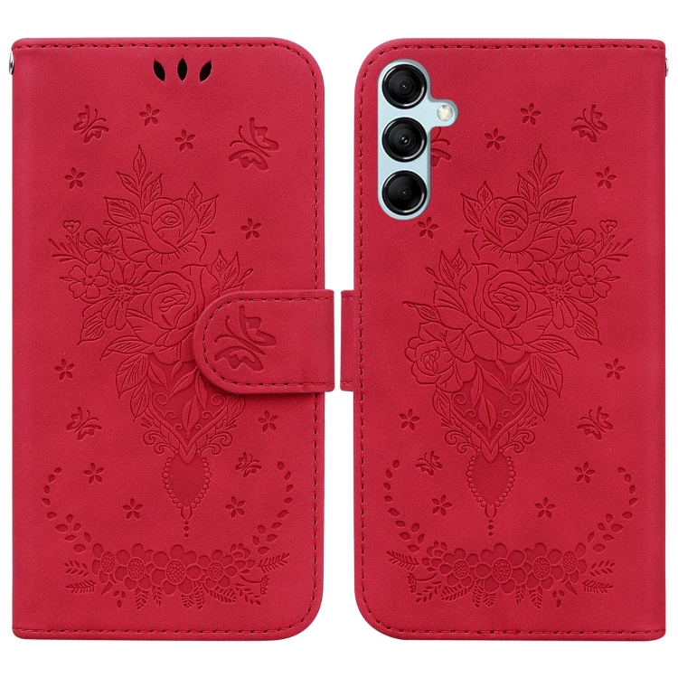 

For Samsung Galaxy M14 Butterfly Rose Embossed Leather Phone Case(Red)