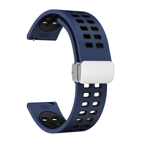 

20mm Double-row Hole Folding Silver Buckle Two-color Silicone Watch Band(Midnight Blue Black)