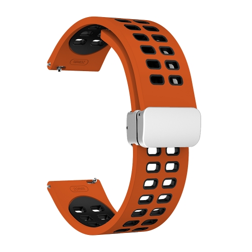 

22mm Double-row Hole Folding Silver Buckle Two-color Silicone Watch Band(Orange Black)