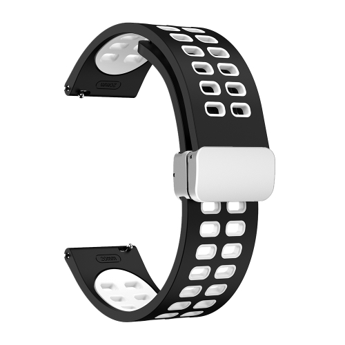 

22mm Double-row Hole Folding Silver Buckle Two-color Silicone Watch Band(Black White)