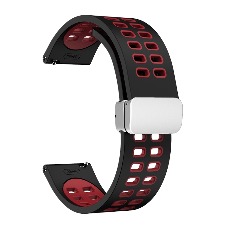 

22mm Double-row Hole Folding Silver Buckle Two-color Silicone Watch Band(Black Red)