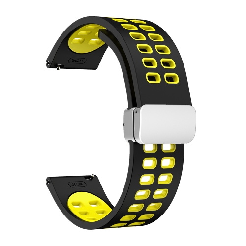 

22mm Double-row Hole Folding Silver Buckle Two-color Silicone Watch Band(Black Yellow)