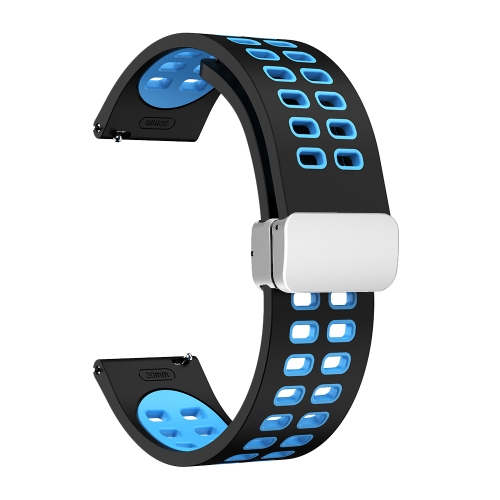 

22mm Double-row Hole Folding Silver Buckle Two-color Silicone Watch Band(Black Sky Blue)