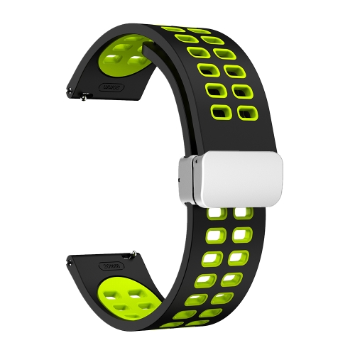 

22mm Double-row Hole Folding Silver Buckle Two-color Silicone Watch Band(Black Green)