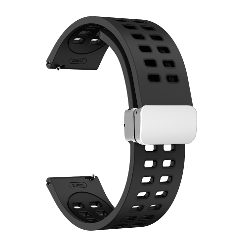 

22mm Double-row Hole Folding Silver Buckle Two-color Silicone Watch Band(Black)