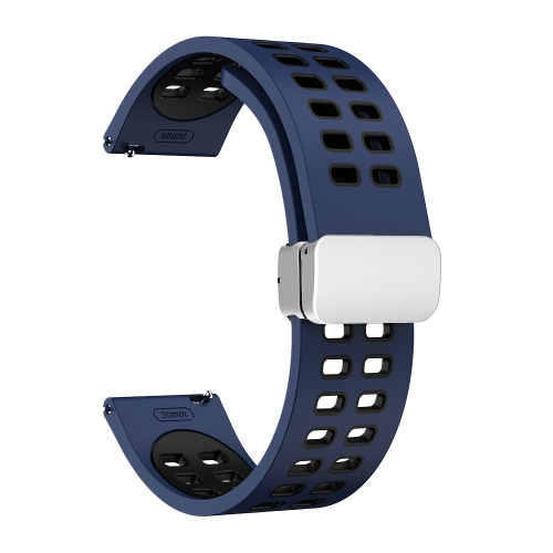 

22mm Double-row Hole Folding Silver Buckle Two-color Silicone Watch Band(Midnight Blue Black)