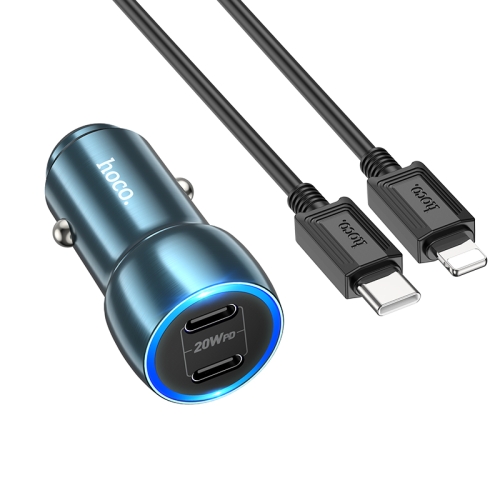 

hoco Z48 Tough 40W Dual USB-C / Type-C Port Car Charger with Type-C to 8 Pin Cable(Sapphire Blue)