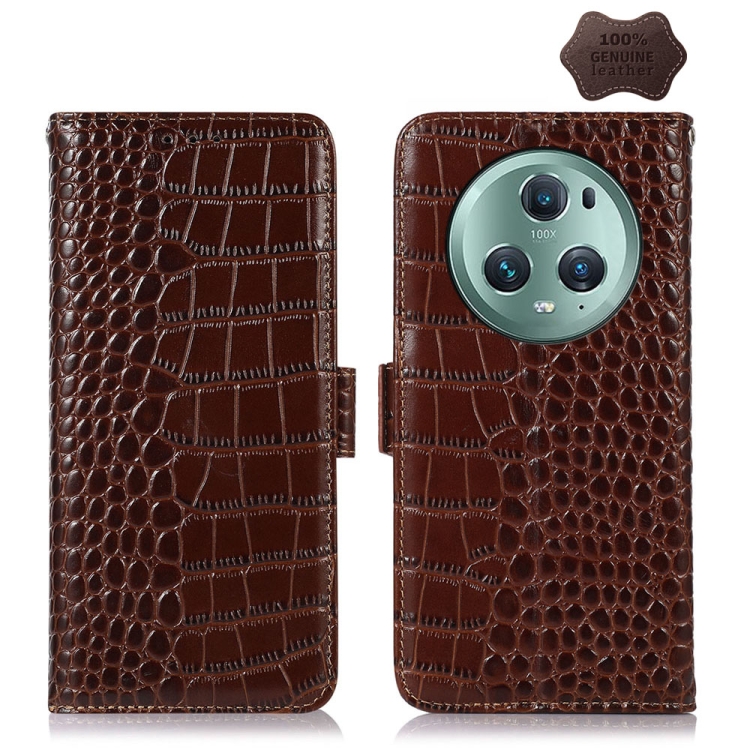 

For Honor Magic5 Pro Crocodile Top Layer Cowhide Leather Phone Case(Brown)