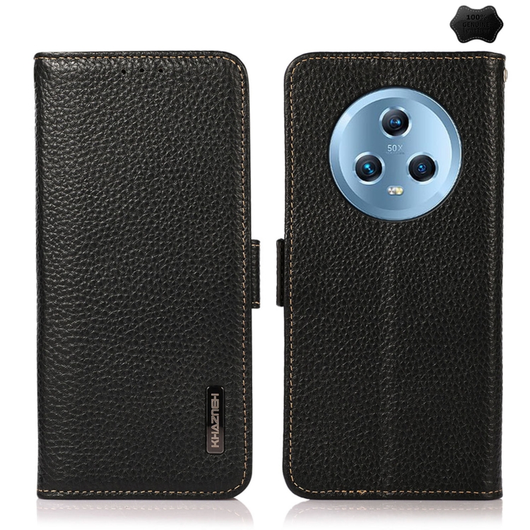 

For Honor Magic5 KHAZNEH Side-Magnetic Litchi Genuine Leather RFID Phone Case(Black)