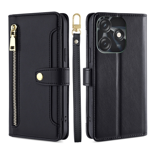 

For Tecno Spark 10C Sheep Texture Cross-body Zipper Wallet Leather Phone Case(Black)