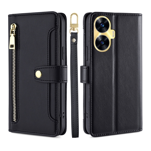 

For Realme C55 4G Sheep Texture Cross-body Zipper Wallet Leather Phone Case(Black)
