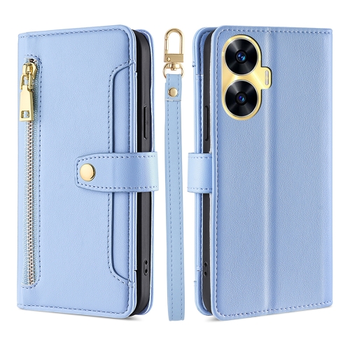 

For Realme C55 4G Sheep Texture Cross-body Zipper Wallet Leather Phone Case(Blue)