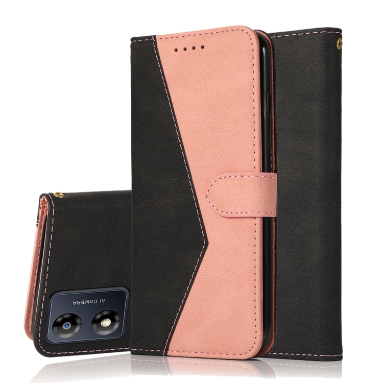 

For Motorola Moto E13 Dual-color Stitching Leather Phone Case(Black Rose Gold)